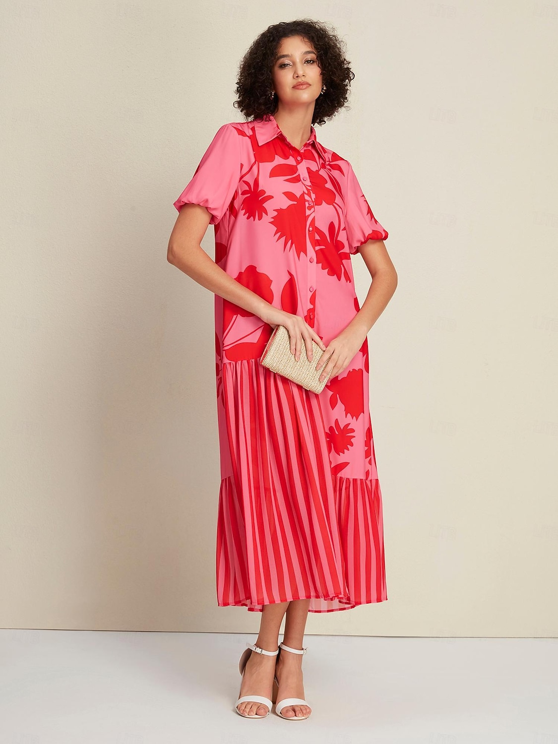 Damen Lockeres Kleid Elegantes Kleid Maxikleid Rosenrot Kurzarm Blumen Gestreift Drucken Asymmetrischer Saum Frühling & Sommer Hemdkragen Elegant S M L 2025 - $103.99 –P6