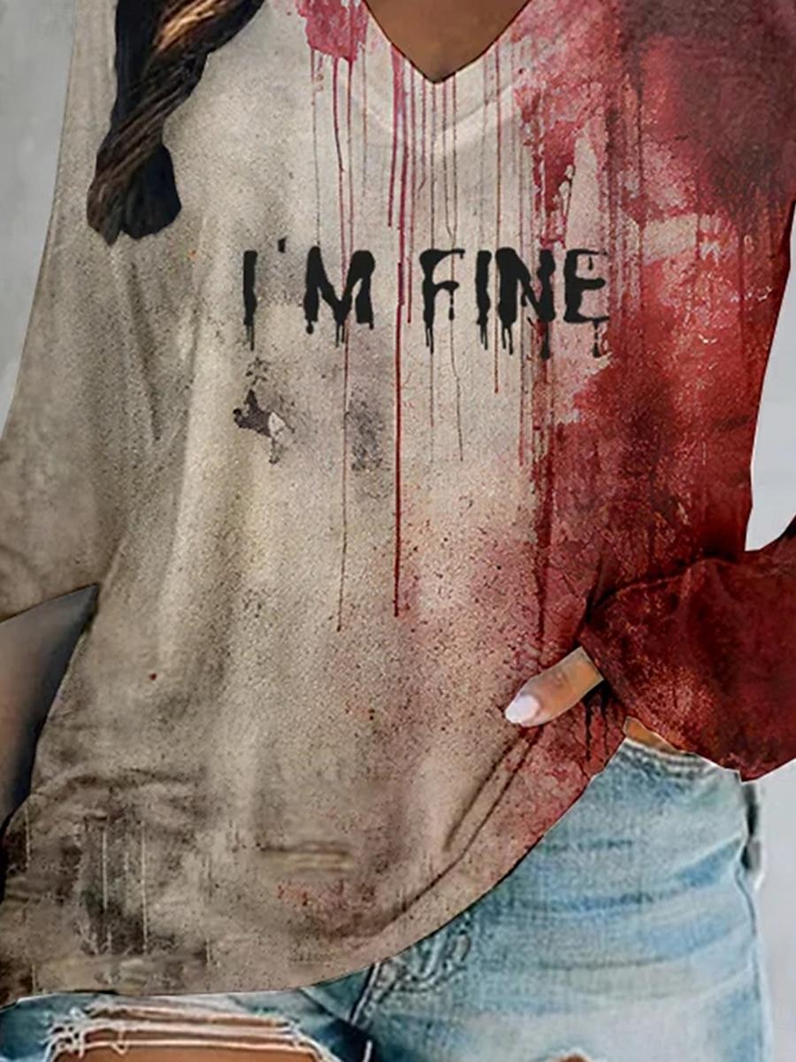 Femmes Chemise Bloc de Couleur Lettre Abstrait Occasionnel manche longue Col en V Hauts Réguliers Halloween Quotidien Imprimé Rouge Printemps Automne & Hiver de 2025 ? $23.99 –P3