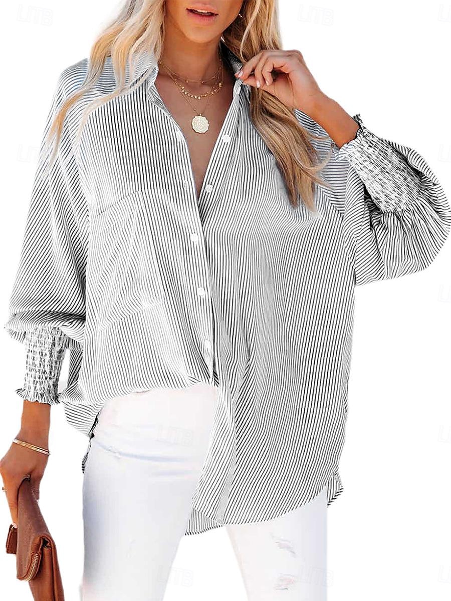dames overhemd blouse casual gestreept knopen zak lange mouw normale tops overhemd kraag dagelijks zwart blauw lente& val 2025 - $39.99 –P4