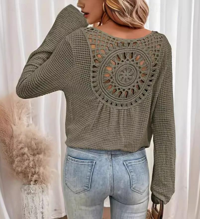 Bluse Eleganti in Pizzo Bianco per Donna con Occhielli Blusa Casual Elegante Colore Unito Maniche Lunghe Collo a Giro Top Petits Romantici da Indossare in Estate e Vacanza Verde Erba Rosa Blu Beige del 2025 a $28.99 –P6