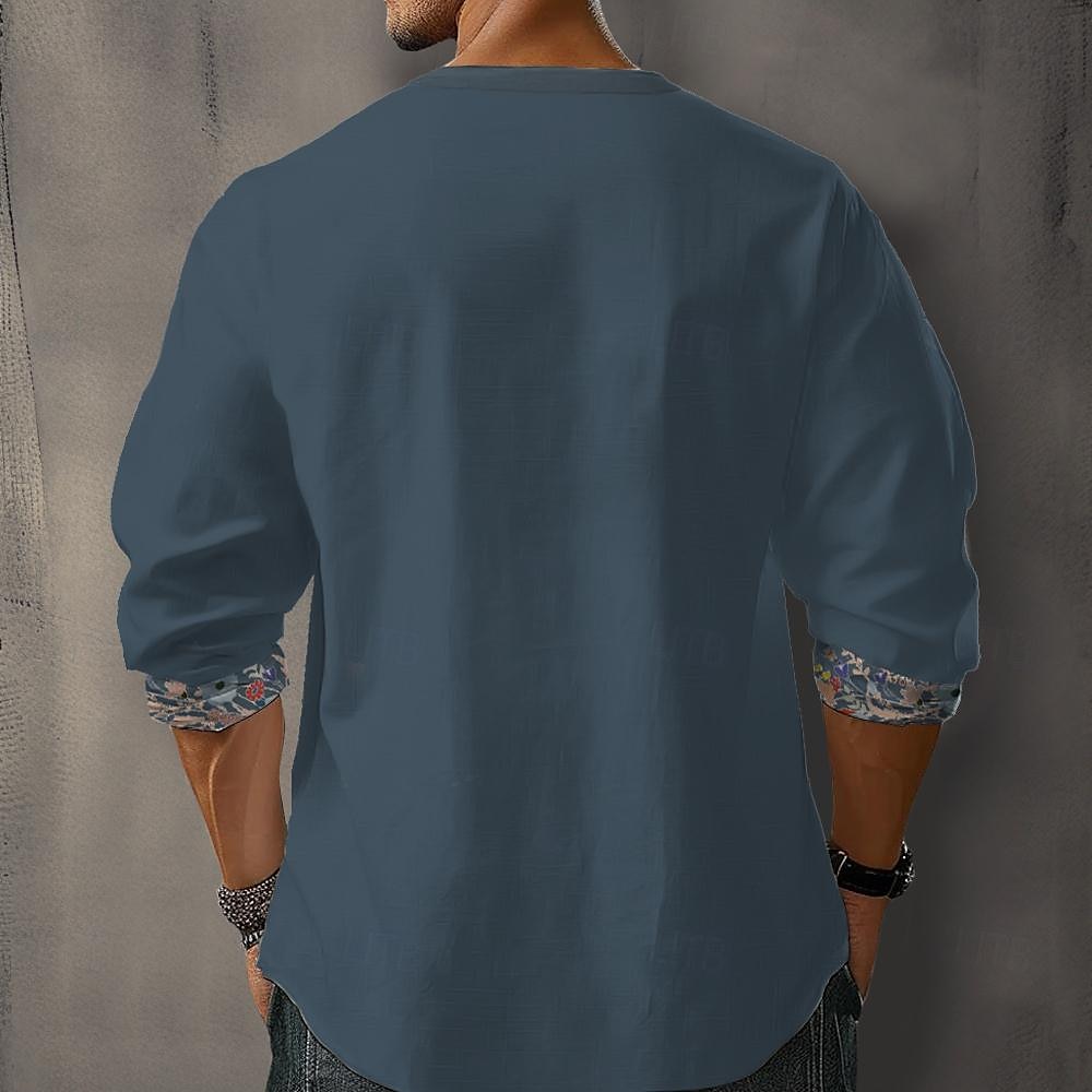 Men's Ethnic Shirt Button Up Shirt Henley Shirt Long Sleeve Casual Tribal Vacation Daily Summer Spring Fall Collarless V Neck Print Black White Blue Orange 2025 - $26.99 –P5