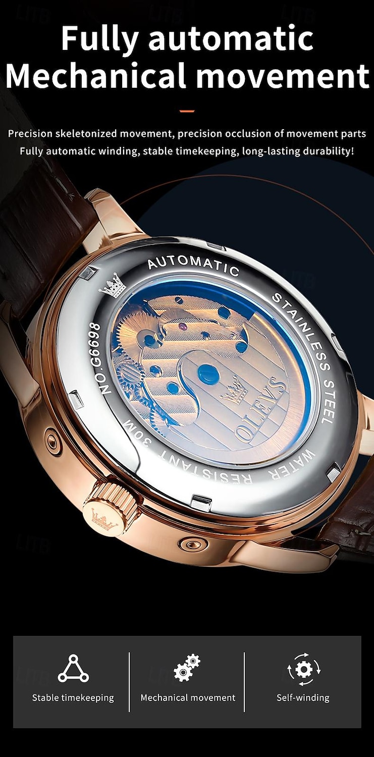 OLEVS Men Mechanical Watch Fashion Business Wristwatch Automatic Self-winding Moon phase Luminous Perpetual Calendar Leather Watch 2025 - $111.99 –P6