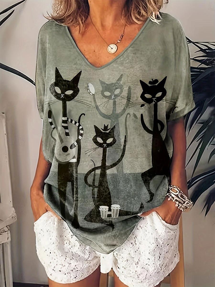 Camiseta de mujer con estampado casual, manga corta, cuello en V, para uso diario, roja, azul, verde, para verano 2025 - $19.99 –P1