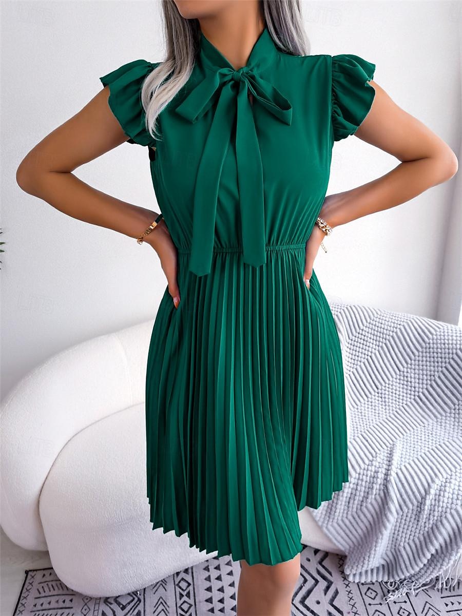 Dames Zwarte jurk Mini-jurk Chiffon Veters Ruche Afspraakje Vakantie Streetwear Basic Opstaand Mouwloos Zwart Wijn Paars Kleur 2025 - $26.99 -P17
