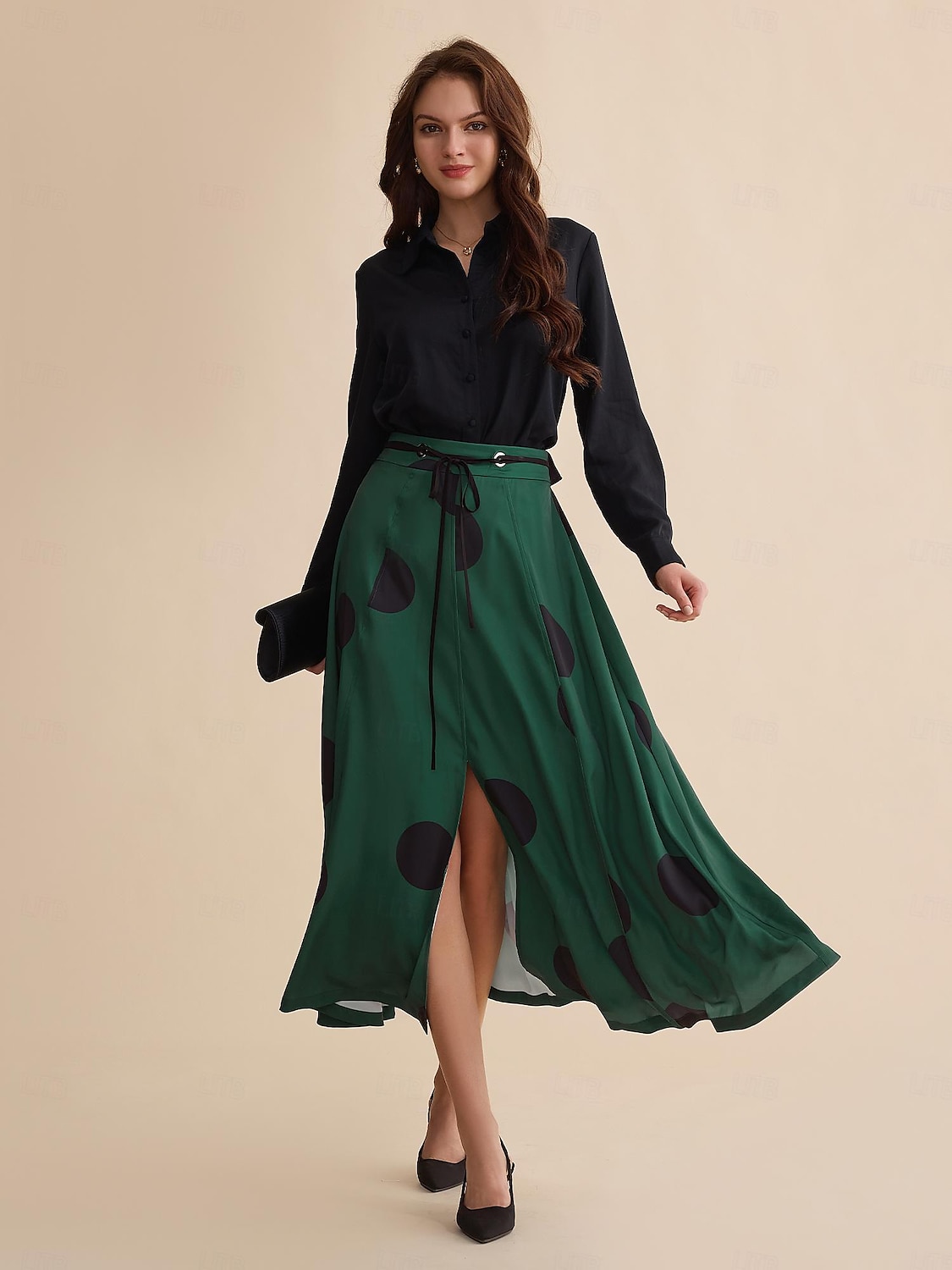 Saia maxi de cetim com bolinhas peplum com cinto e pontas duplas de 2025 por $48.99 –P8