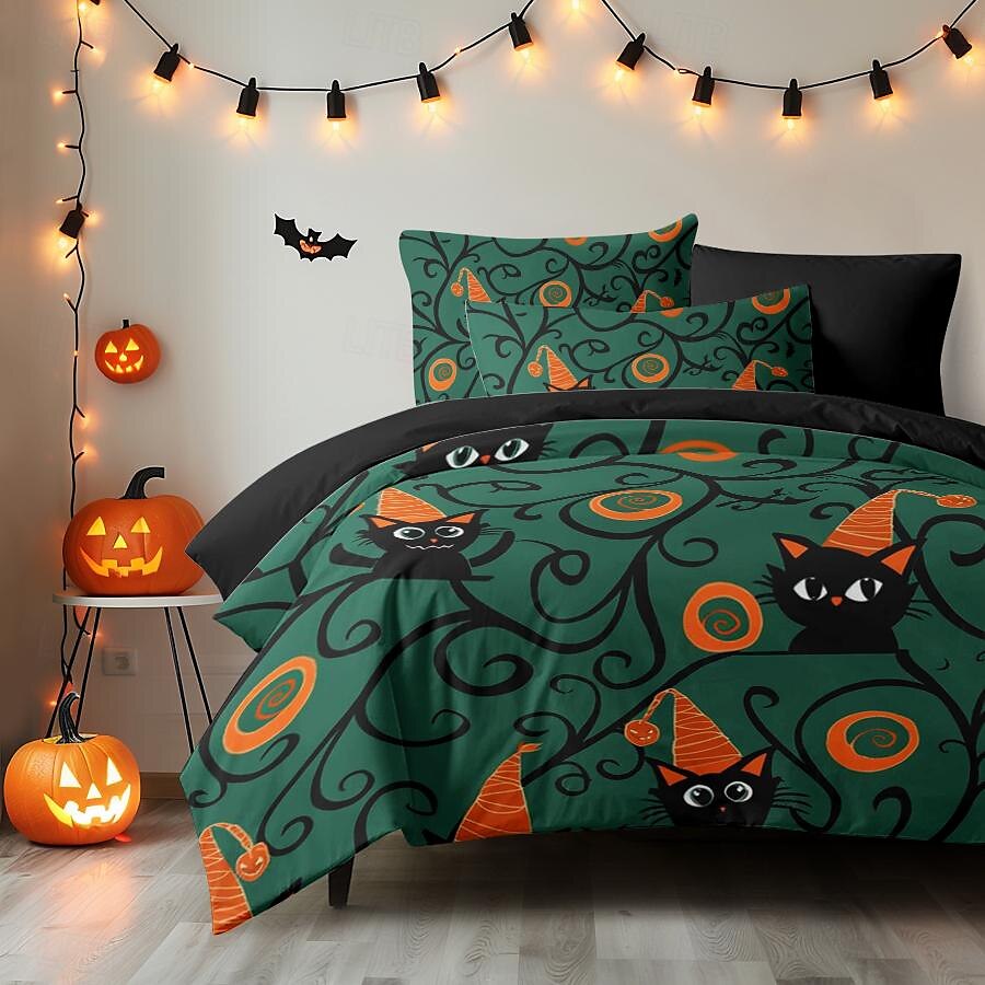 set copripiumino collezione halloween set 3 pezzi jack o lantern zucca super morbido delicato sulla pelle di lunga durata del 2025 a $41.99 –P4