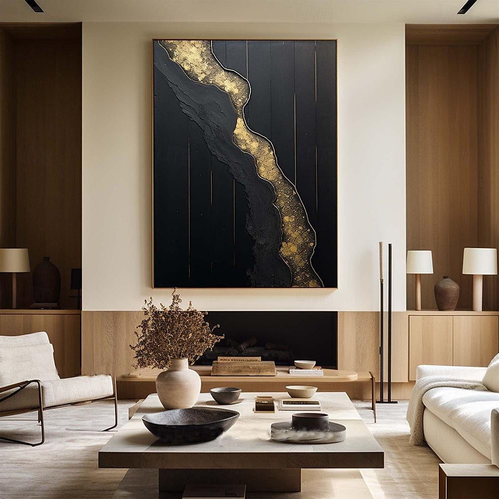 Wabi Sai Art, handgefertigtes schwarzes Wandkunstgemälde, handgemaltes schwarz-goldenes Strukturgemälde, Ölgemälde mit goldener Struktur, Wandkunst, schwarzes abstraktes Gemälde, Kunstgemälde im 2025 - $125.99 –P2