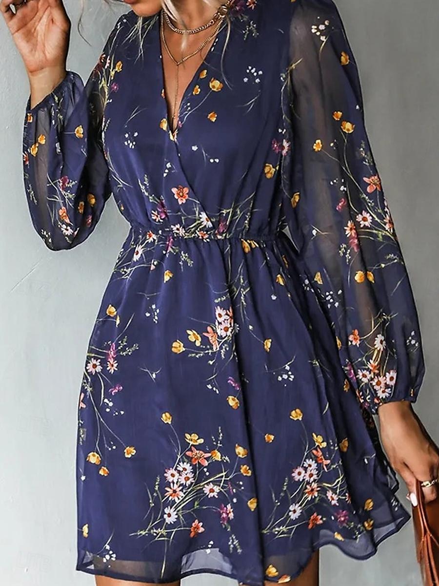 Damen Freizeitkleid formelles Kleid Blumendruck V-Ausschnitt Minikleid stilvoll lässig täglich Date Langarm Sommer 2025 - $33.99 –P12