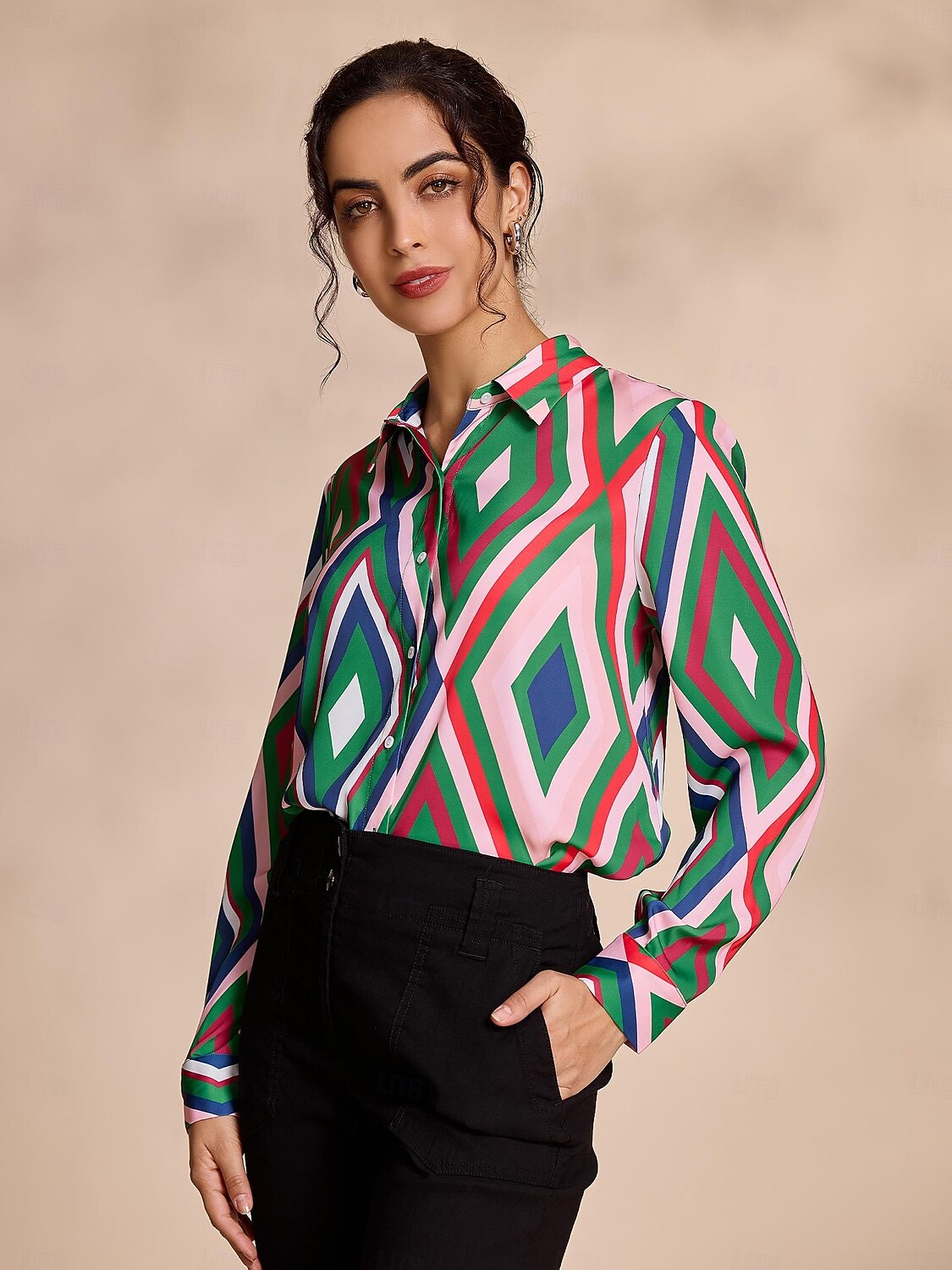 camicia casual con stampa geometrica in raso del 2025 a $5.59 –P2