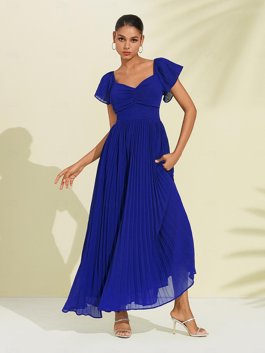 Royal Blue Chiffon Pleated Wedding Guest Party A Line V Neck Short Sleeve Maxi Dress Dress to impress 2024 Royal Blue Chiffon Pleated Wedding Guest Party A Line V Neck Short Sleeve Maxi Dress Dress to impress 2024