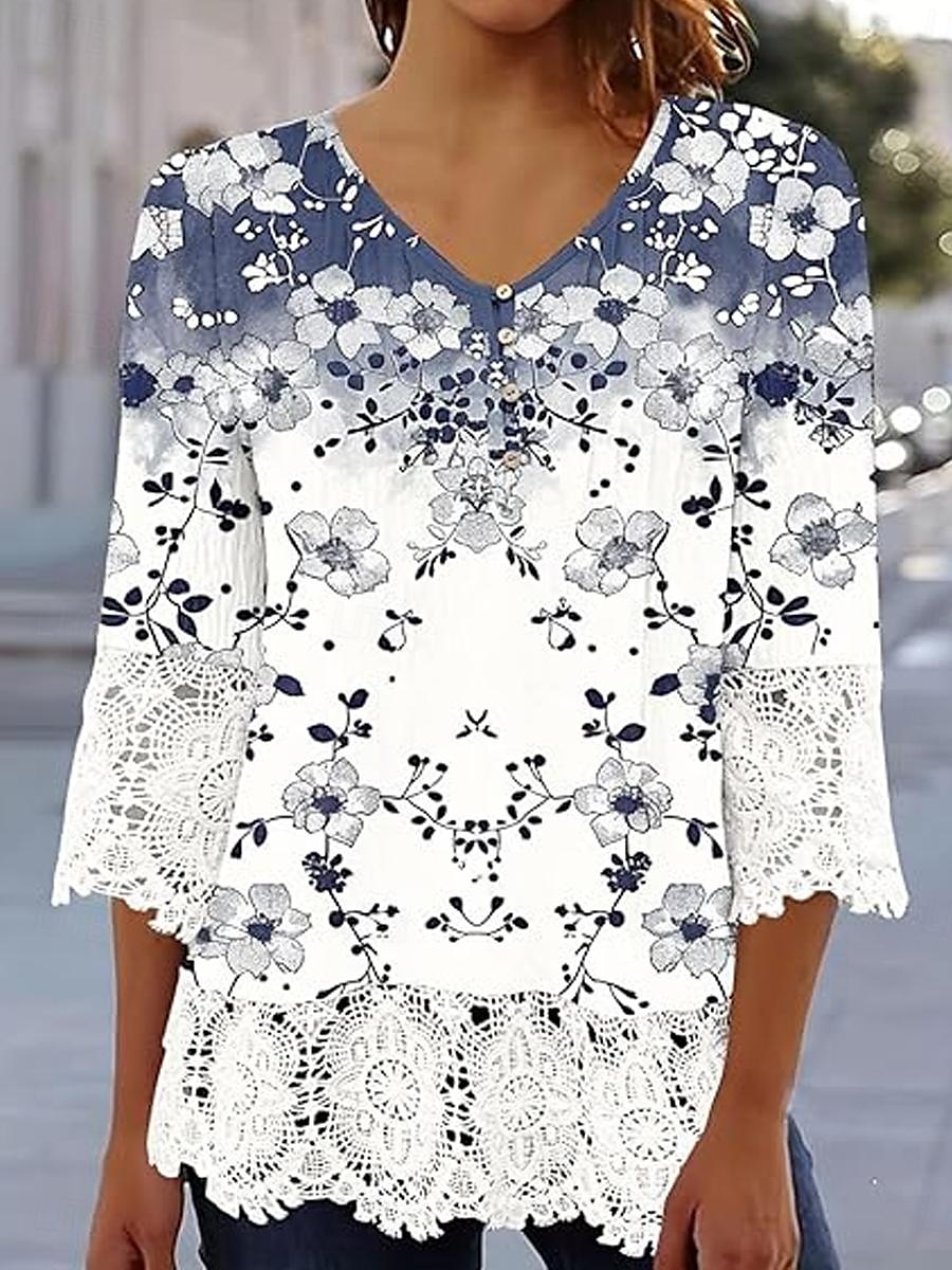 Kvinne Elegant Blonde Topper Eyelet Bluse Avslappet Ombre Blomsterblonde Knapper 3 4 Lengde Erme Reguliære Topper V Hals Daglig Romantisk Petite Topper Sommer Ferie Bruke Svart Rosa Blå Grønn Vår Høst 2025 - $21.99 –P4