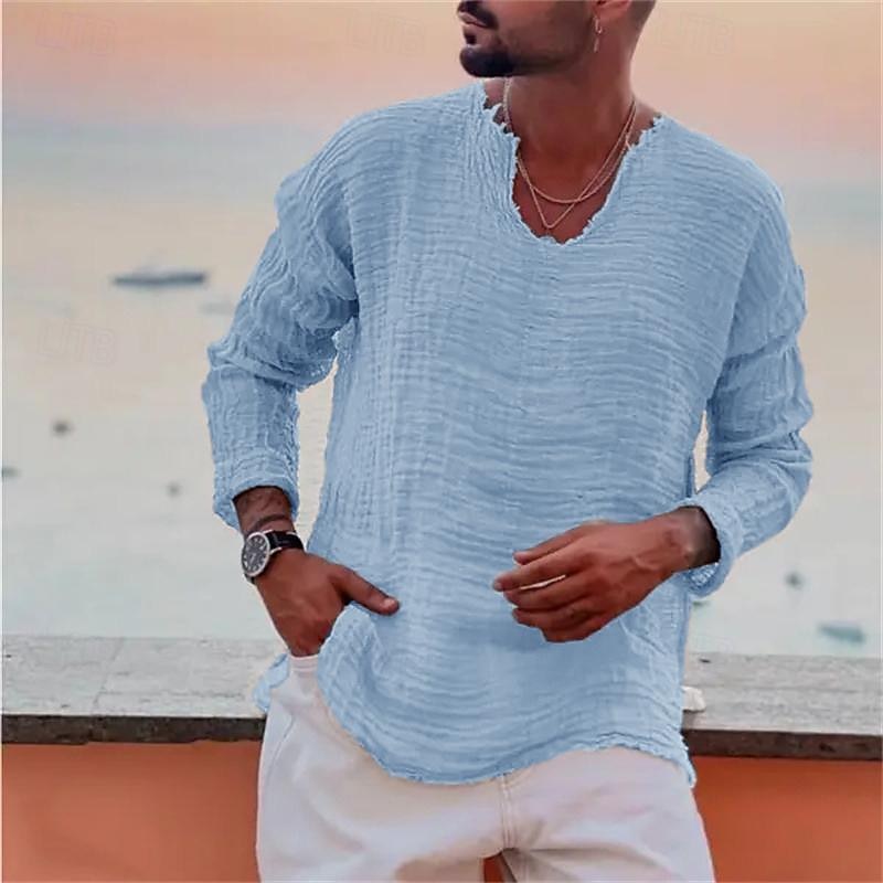Homme Chemise Lin Chemisette Chemise d'été Tenues de plage Chemise décontractée Plein Vacances Curise Blanche Bleu Marron Kaki manche longue Col V Printemps été Vêtement Tenue de 2025 ? $21.99 –P4