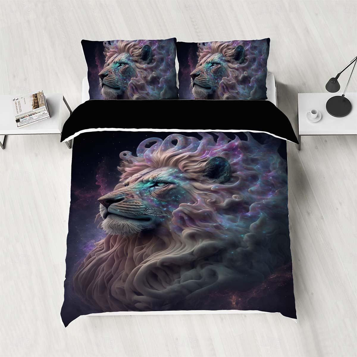kleurrijke neon leeuwenkop 3-delige donzen dekbedovertrekset voor hotelslaapkamer gastenkamers bdding comfortset 2025 - $45.99 –P13
