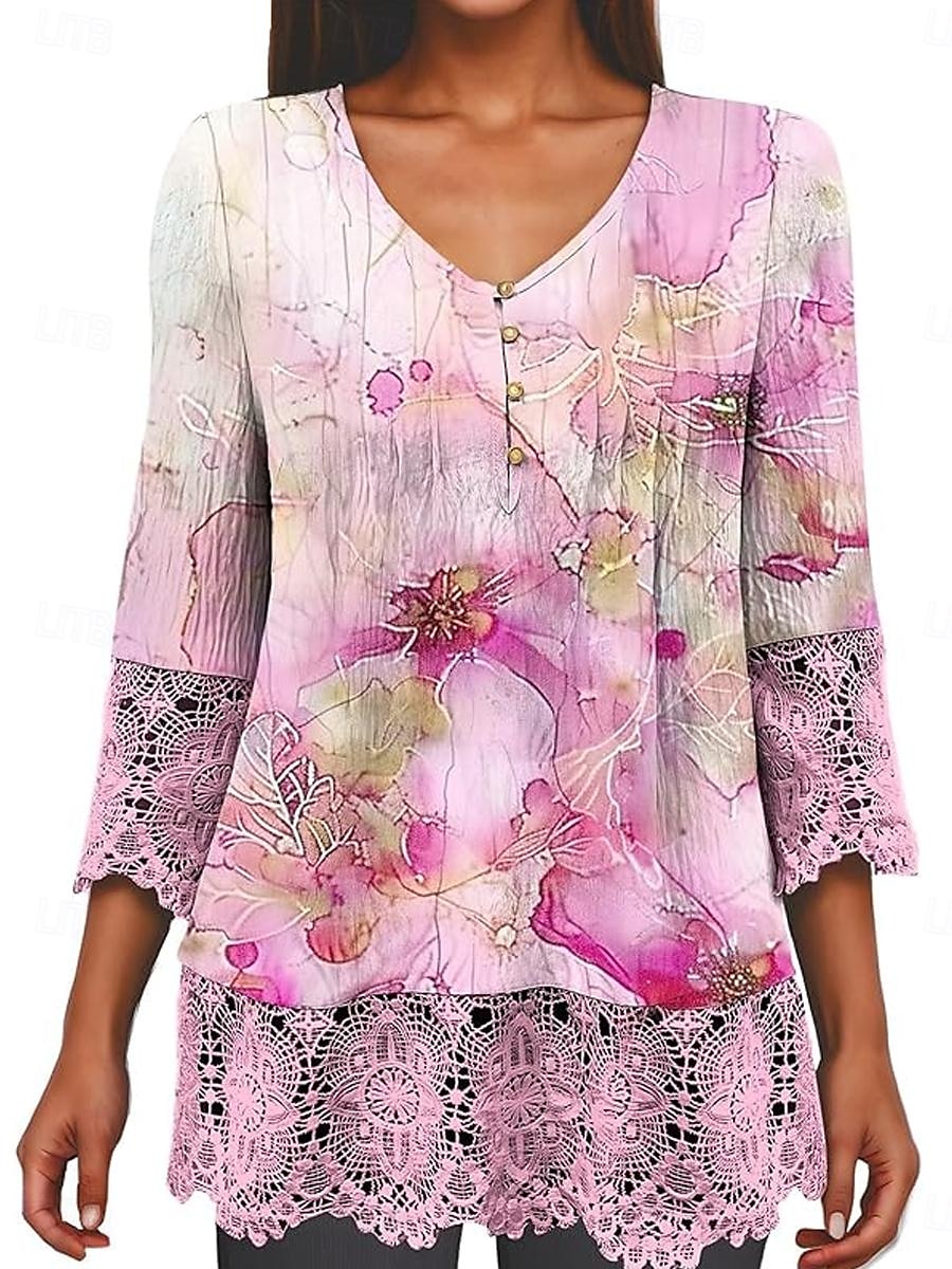 Kvinne Elegant Blonde Topper Eyelet Bluse Avslappet Ombre Blomsterblonde Knapper 3 4 Lengde Erme Reguliære Topper V Hals Daglig Romantisk Petite Topper Sommer Ferie Bruke Svart Rosa Blå Grønn Vår Høst 2025 - $21.99 –P9