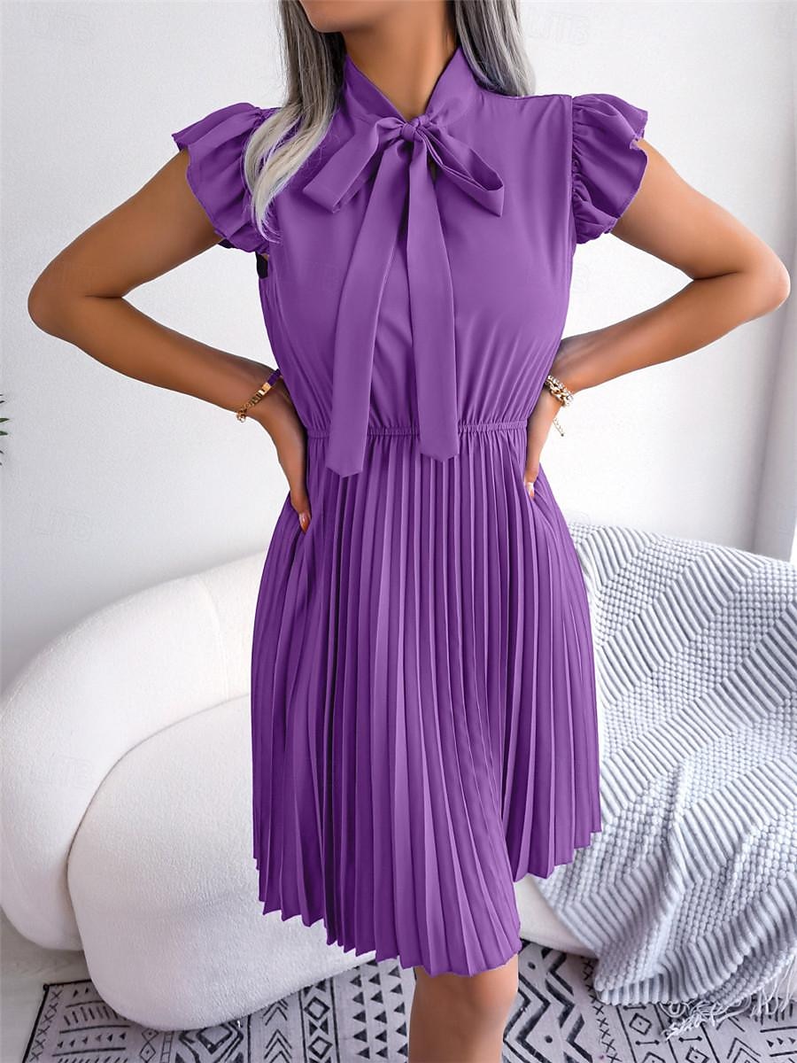 Dames Zwarte jurk Mini-jurk Chiffon Veters Ruche Afspraakje Vakantie Streetwear Basic Opstaand Mouwloos Zwart Wijn Paars Kleur 2025 - $26.99 -P11