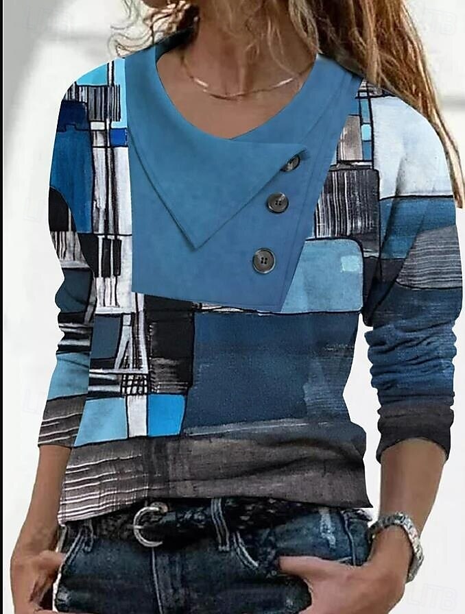 Women's T Shirt Floral Graphic Fashion Long Sleeve V Neck Regular Tops Daily Weekend Buttons Print Navy Blue Blue Spring & Fall 2025 - $34.99 –P1