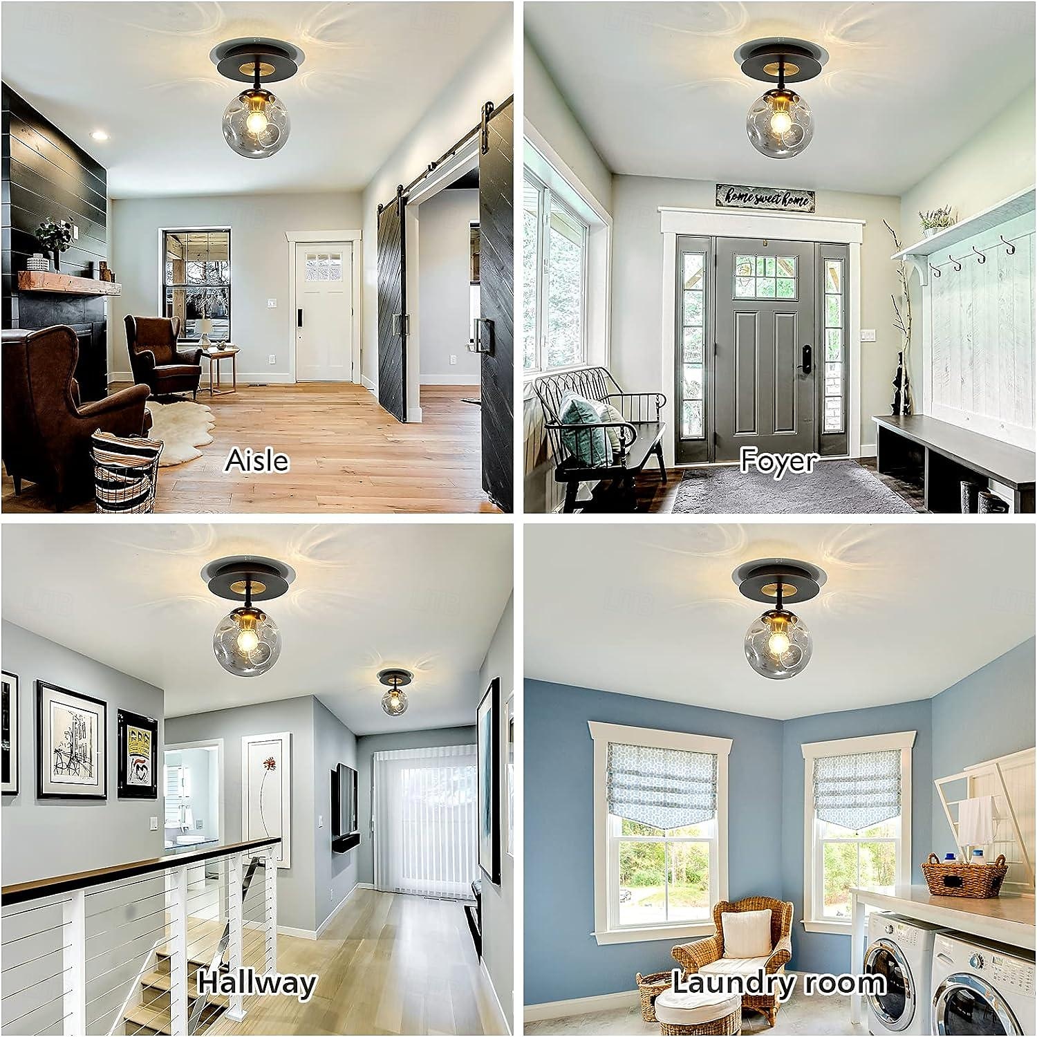 LED Ceiling Lights 3-Color Light Source 18/41cm 1/3-Light Vintage Semi Flush Mount Ceiling Light Fixture with Glass Globe E26/E27 Black Ceiling Light for Hallway Stairway Porch Entryway Kitchen Bedroom Laundry Farmhouse 110-240V 2025 - $86.99 –P6