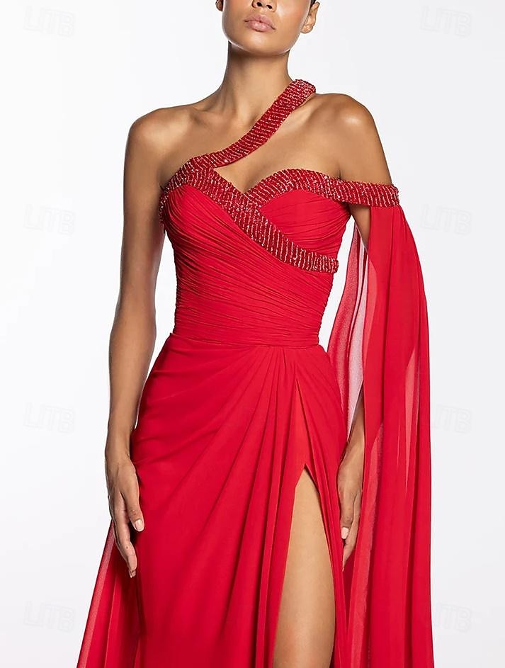 Abito da Sera A-Line Elegante Formale Lunghezza a Terra Senza Maniche Spalla Unica in Chiffon con Strass del 2025 a $181.99 –P4