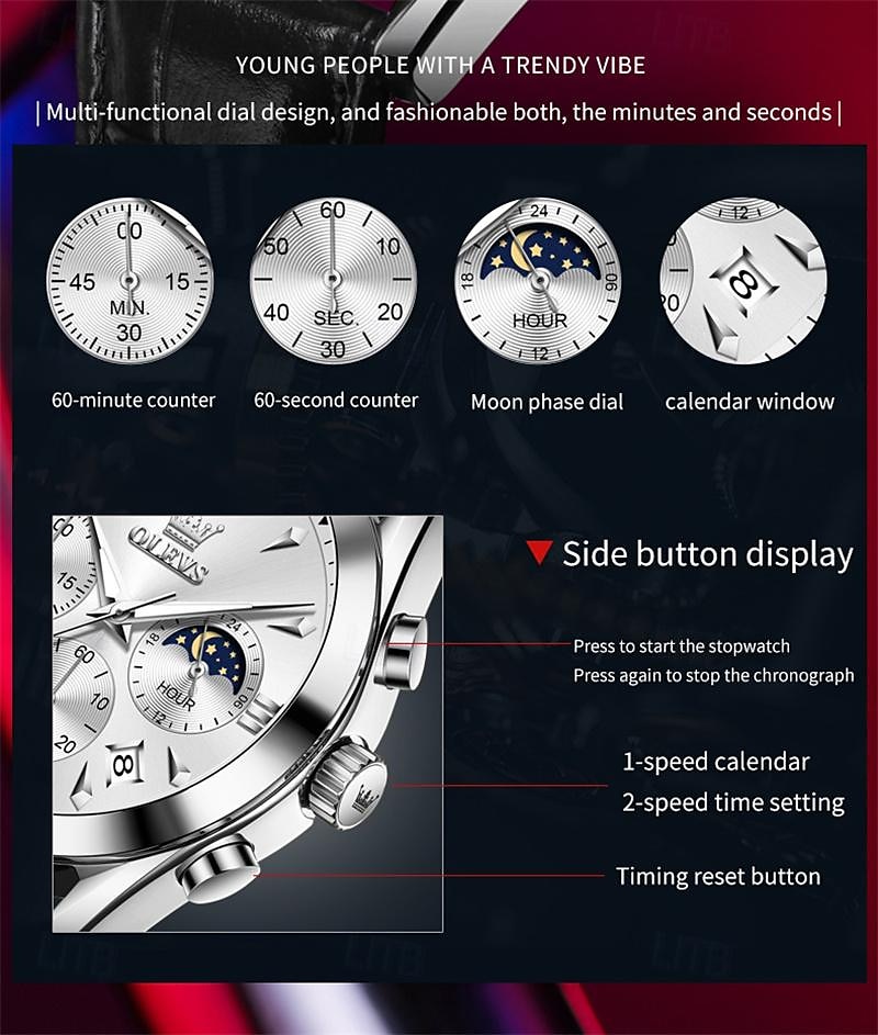 New Olevs Olevs Brand Fashion Trend Men'S Business Watch Luminous Chronograph Calendar 24 Hours Multi-Function Quartz Watch Casual Versatile Waterproof Sports Men'S Wristwatch 2025 - $36.99 –P8