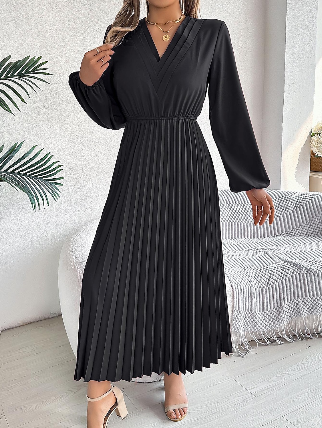 Per donna Abito da lavoro Abito linea A Di tendenza Ufficio Moda da lavoro Rimborsate Abito lungo Abito lungo A pieghe A V Manica lunga Liscio Standard Nero Vino Marrone Primavera Autunno S M L XL del 2025 a $39.99 –P5