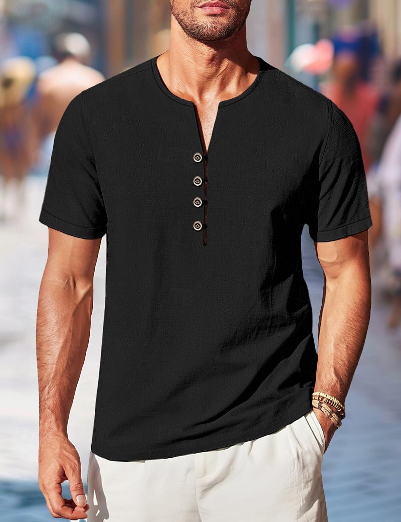 Voor heren Overhemd linnen overhemd Zomer overhemd Strand hemd Effen Kleur Casual Dagelijks Zwart Wit Korte mouw Ronde hals Zomer Lente Kleding 2025 - $22.99 –P2
