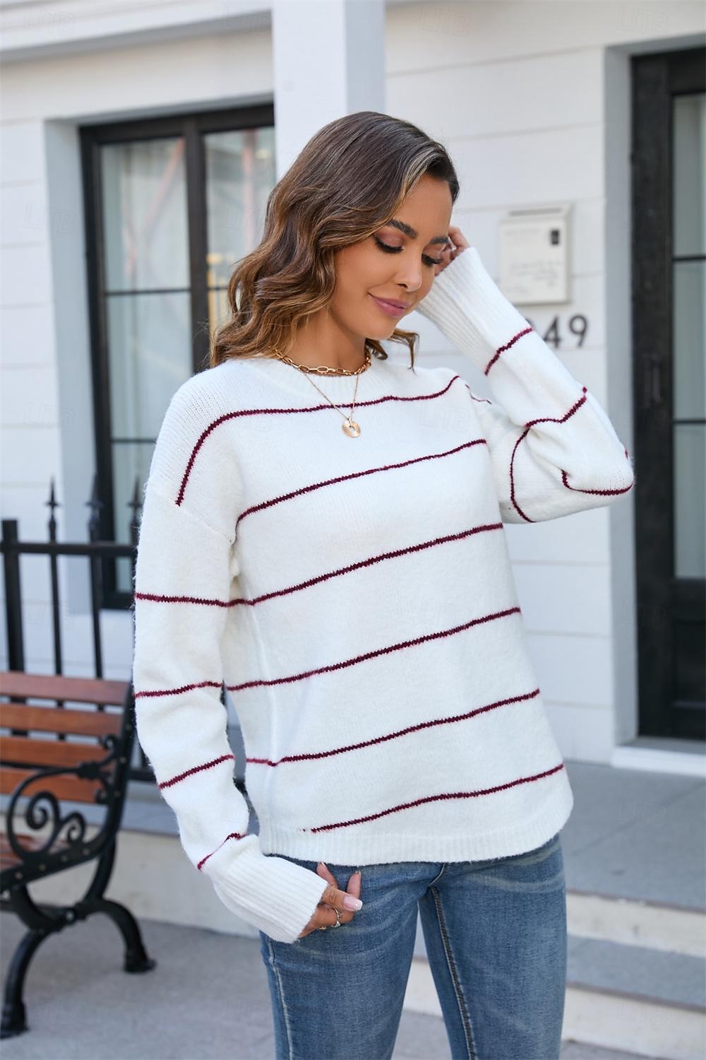 Femme Pull Chandail mode basique Rayé A côtes Col Ras du Cou Bandes manche longue Hauts longs Tricoter Travail Noir Blanche Printemps Automne de 2025 ? $35.99 –P10