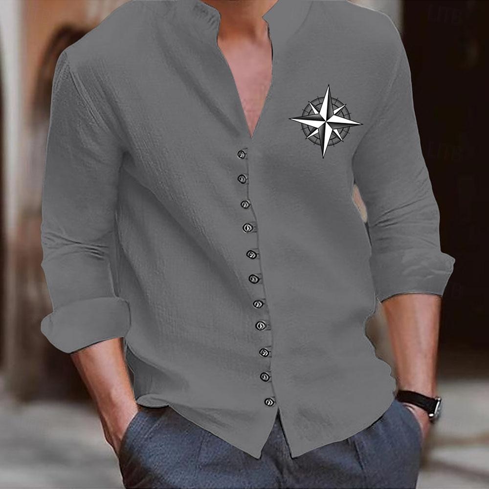 Voor heren Strand hemd Grafisch overhemd Kompas Vakantie Zakelijk / ceremonie / bruiloft Zwart Wit khaki Grijs Lange mouw Opstaande boord Lente zomer Kleding Button-omlaag 2025 - $4.59 –P2