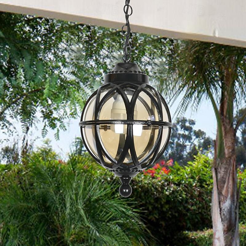 lampade a sospensione per esterni, lampada a sospensione esterna portico impermeabile lampadario in metallo nero con globo di vetro trasparente con struttura in gabbia di ferro, lanterna esterna per del 2025 a $118.99 –P7