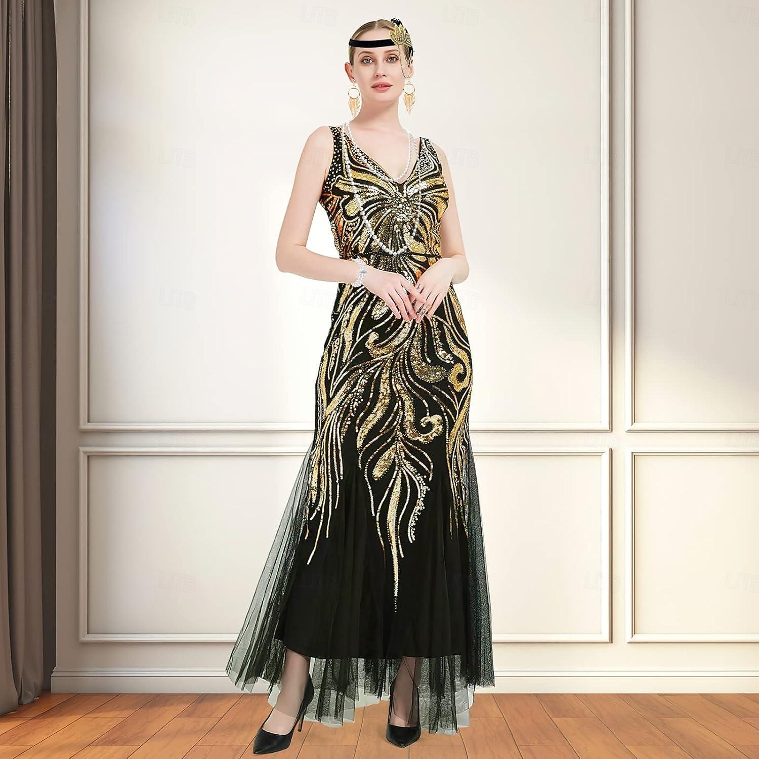 Goldene Zwanziger 1920er Knöchellänge Kleid Abendkleid Outfits Ärmellos Der große Gatsby Charleston Hochzeitsgast Pailletten Feder V Ausschnitt Kostüm Damen Neujahr Maskerade Abendgesellschaft 2026 - $83.99 –P5