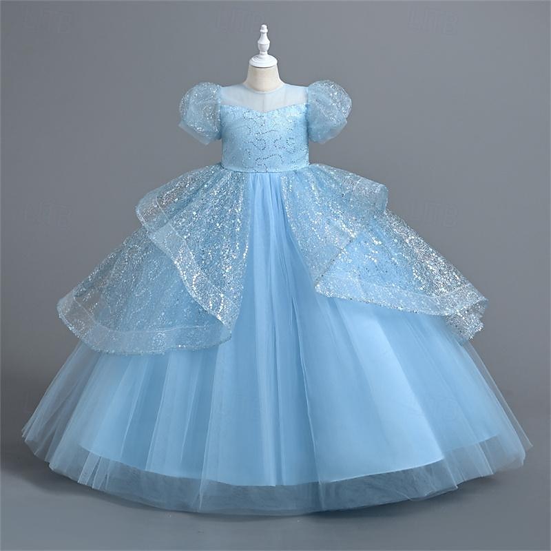 Flower Girl Dress Girls' Party Dress Performance Wedding Party Princess Beautiful Sweet Sequins Mesh Solid Color Short Sleeve Crew Neck White Pink 4-12 Years 2025 - $43.99 –P1