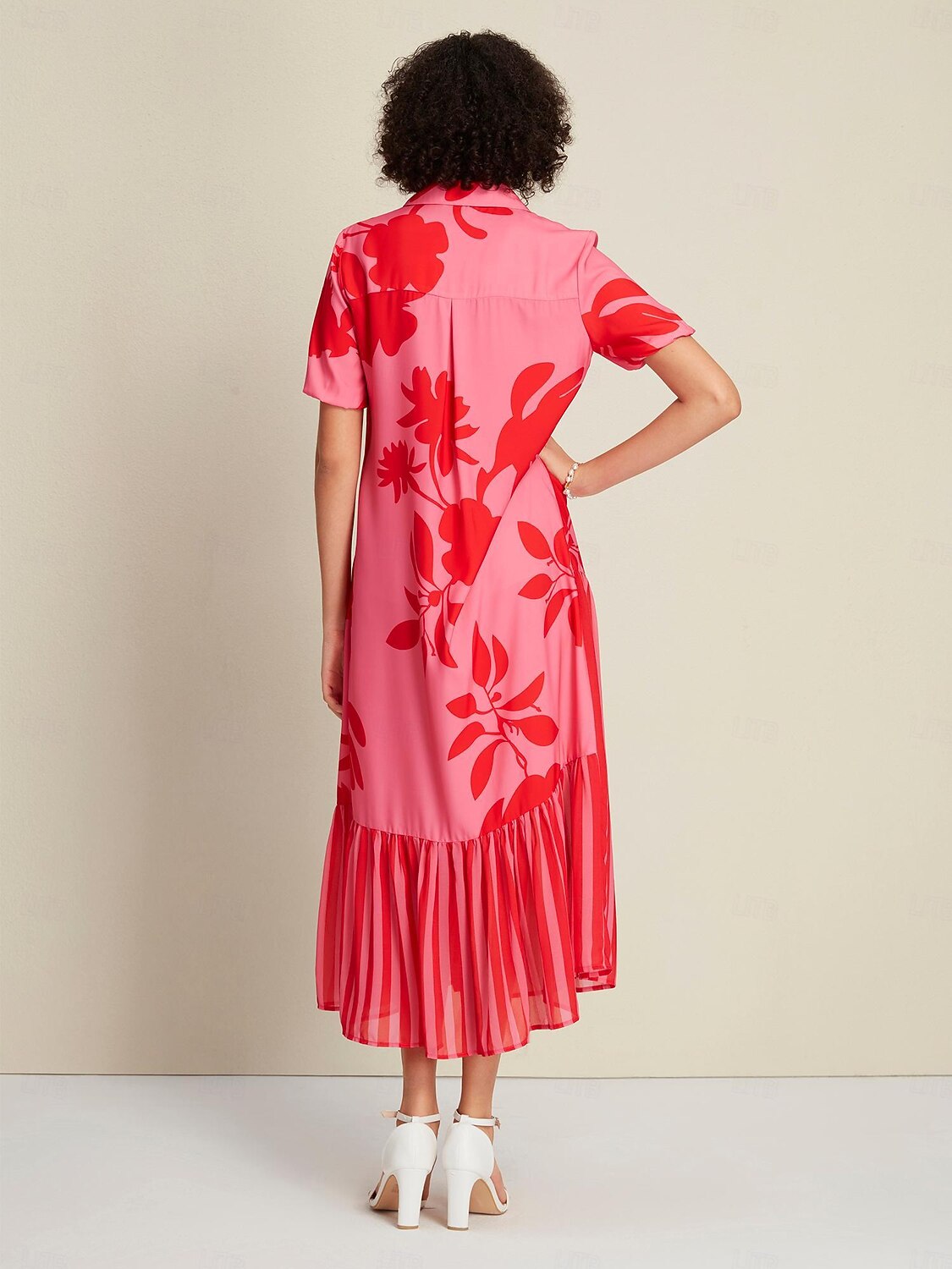 Damen Lockeres Kleid Elegantes Kleid Maxikleid Rosenrot Kurzarm Blumen Gestreift Drucken Asymmetrischer Saum Frühling & Sommer Hemdkragen Elegant S M L 2025 - $103.99 –P2
