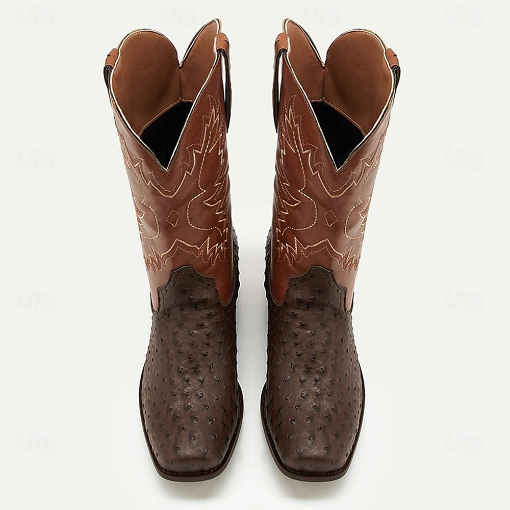 vestlige cowboystøvler for menn med oransje strutsskinn og mørkebrunt brodert overdel - vintage stil for rodeo og fritidsklær 2025 - $54.99 -P3