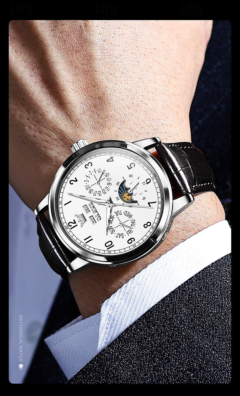 OLEVS Men Mechanical Watch Fashion Business Wristwatch Automatic Self-winding Moon phase Luminous Perpetual Calendar Leather Watch 2025 - $111.99 –P9