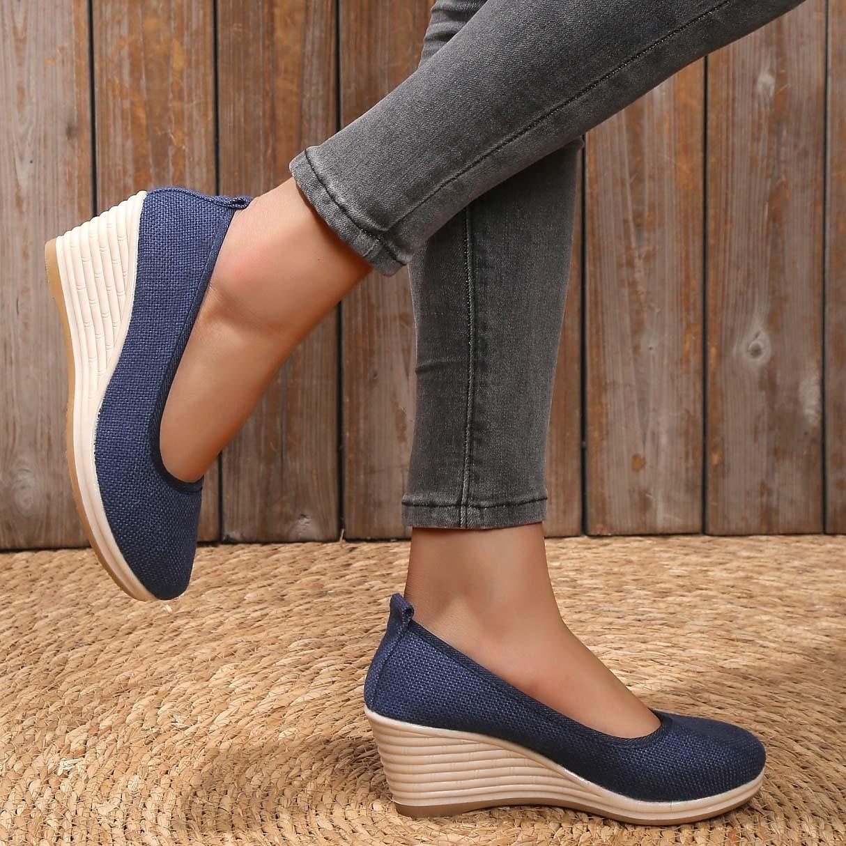 damskie beżowe buty na koturnie z tkaniny tkanej – wygodne, wsuwane buty na platformie na co dzień, latem i na co dzień 2025 - $24.99 –P6
