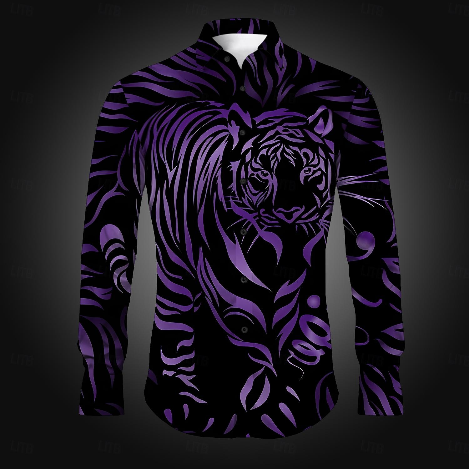 Men's Tiger Button Up Shirt Printed Shirts Long Sleeve Casual Daily Party Holiday Spring & Summer Fall Winter Turndown Buttons Print Blue Purple Gold Gray 2026 - $30.99 –P4