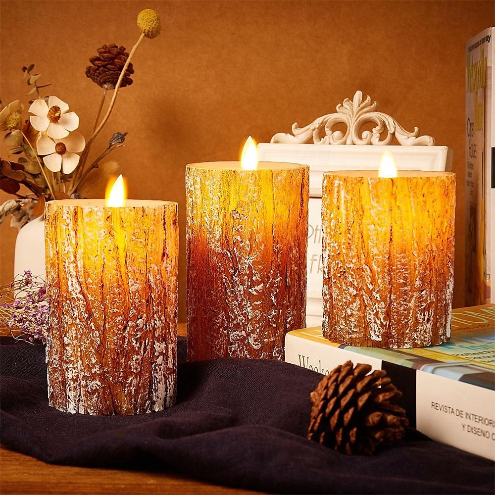 Flameless Candles Light Wooden Pine Effect Battery Operated Flickering Moving Wick Candles Light 4 5 6 Set of 3 Realistic LED Electric Pine Bark Candles with Remote Control for Halloween 2025 - $36.99 –P2