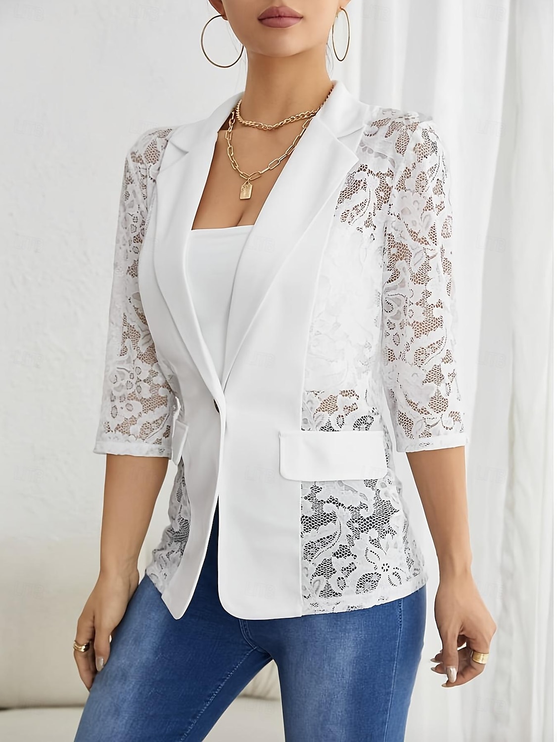 Damen Blazer Sakko Formal Spitze Glatt Atmungsaktiv Strassenmode Regular Fit Oberbekleidung Langarm Frühling Schwarz S 2025 - $39.99 –P11