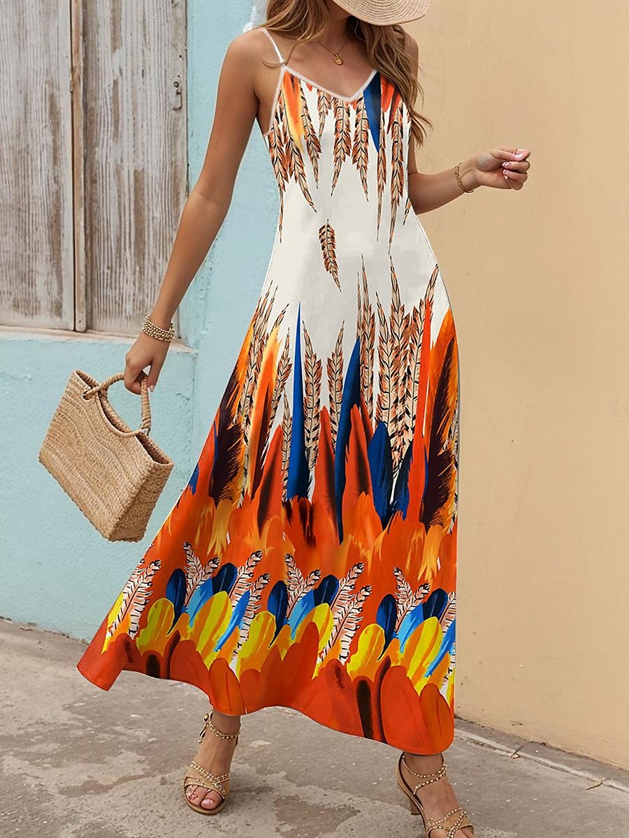Frauen Maxi Kleid Sommerkleid Blumen Kleid Sommerkleid Bohemia Stylisch Fließend Urlaub Lässig Date Lockere Passform Ölmalerei Ärmellos V-Ausschnitt Schwarz Blau Orange Grün Sommer Frühling 2025 - $28.99 –P1