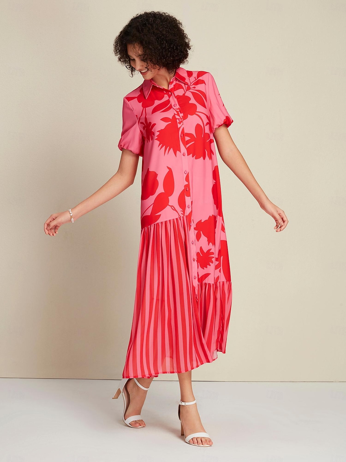 Damen Lockeres Kleid Elegantes Kleid Maxikleid Rosenrot Kurzarm Blumen Gestreift Drucken Asymmetrischer Saum Frühling & Sommer Hemdkragen Elegant S M L 2025 - $103.99 –P4