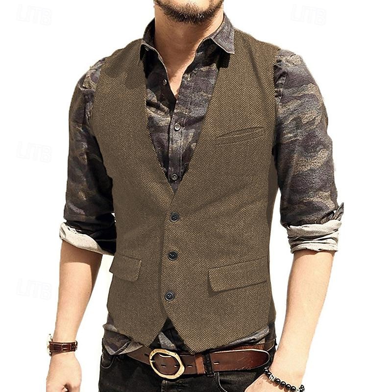 Voor heren Vest Bruiloft Evenement / Feest Dagelijks Modieus Zakelijk Lente zomer nappi Zak Polyester Comfortabel Effen Kleur Enkele knoopsluiting één knoop V-hals Normale pasvorm Zilver Donker Bruin 2025 - $38.99 –P12