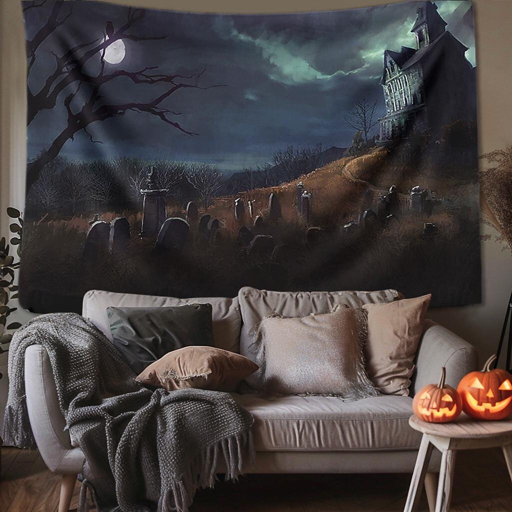 halloween dekorációk gobelin jack o lámpás tök dekor fal művészet nagy függő gobelin falfestmény dekoráció fénykép háttér takaró függöny otthon hálószoba nappali koponya csontváz denevér temető 2025 - $13.99 –P10
