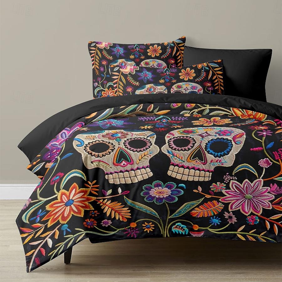 zestaw poszewek na kołdrę w kwiaty na Halloween - zawiera poszwę na kołdrę i poszewki na poduszki - upiorny i świąteczny design - miękki i wygodny materiał - idealny do wystroju domu na Halloween 2025 - $41.99 –P5
