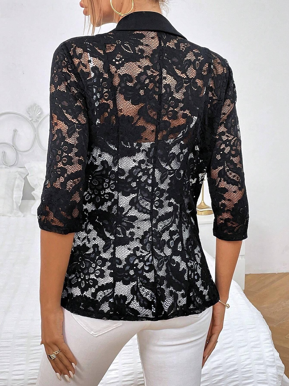 Damen Blazer Sakko Formal Spitze Glatt Atmungsaktiv Strassenmode Regular Fit Oberbekleidung Langarm Frühling Schwarz S 2025 - $39.99 –P3