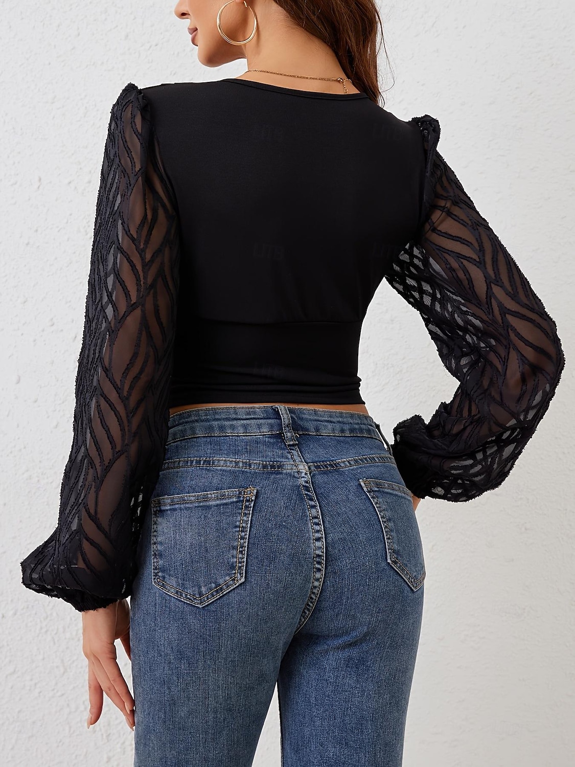 Overhemd Blouse Dames Zwart Effen Netstof Straat Dagelijks Modieus V-hals Normale pasvorm S 2025 - $32.99 –P5