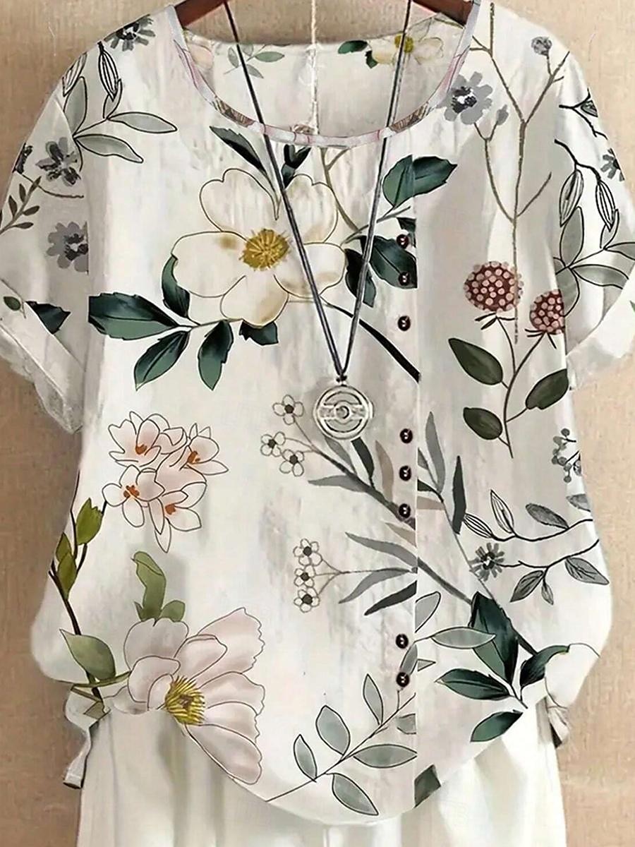 Kvinnes Skjorte Bluse Elegant Blomstertrykk Kort Sleeve Vanlige Topper Crew Neck Daglig Lin Som Lys Grønn Sommer 2025 - $22.99 –P2