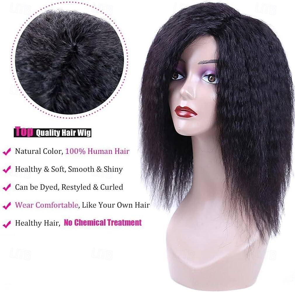 Human Hair Wig Short Medium Length kinky Straight Yaki Straight Side Part With Bangs Black Natural Color Natural Black Women Adjustable Thick Machine Made Capless Brazilian Hair All Natural Black #1B 2025 - $87.99 –P2