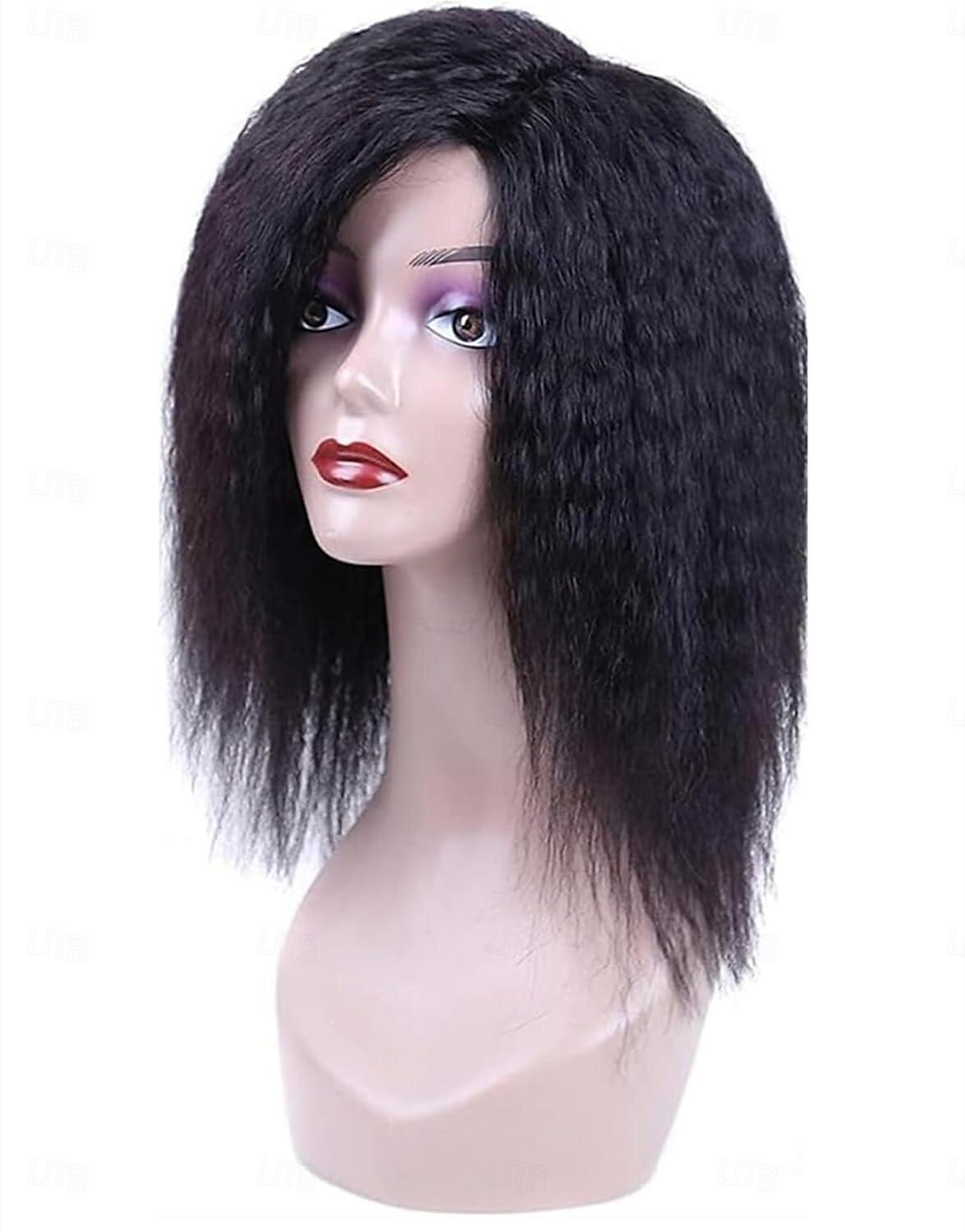 Human Hair Wig Short Medium Length kinky Straight Yaki Straight Side Part With Bangs Black Natural Color Natural Black Women Adjustable Thick Machine Made Capless Brazilian Hair All Natural Black #1B 2025 - $87.99 –P6