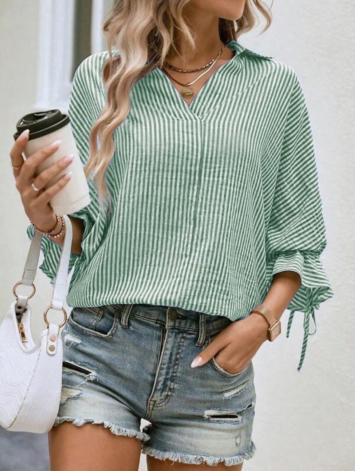 Per donna Camicia Asimmetrico A righe Elegante Moderno Manica 3/4 Manica a Balze Colletto a Camicia Lavoro Blu Verde Estate Primavera Autunno del 2026 a $23.99 –P5