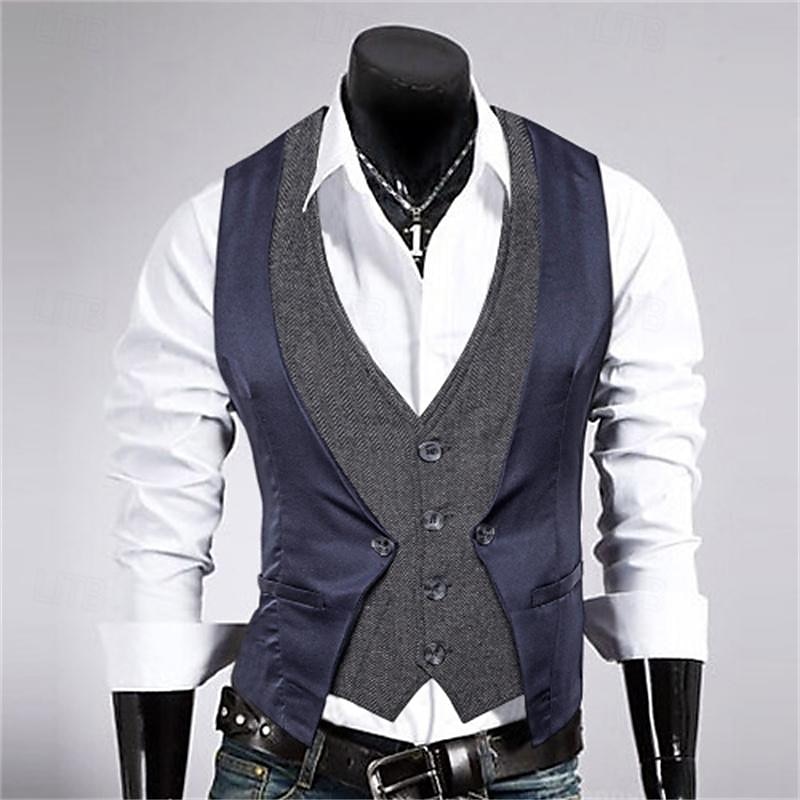 Men's Vest Gilet Wedding Event / Party Daily Fashion Business Spring & Fall Patchwork Button 2 in 1 Polyester Comfortable Color Block Single Breasted One-button V Neck Regular Fit Black Navy Blue 2025 - $29.99 –P13