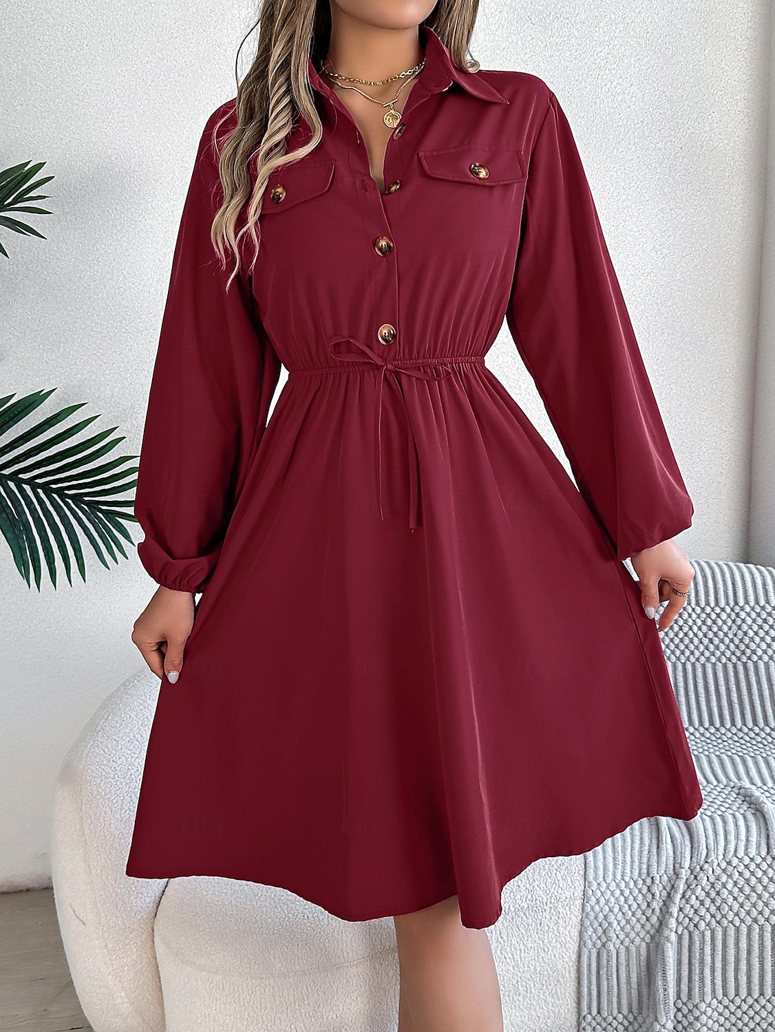 Damen Arbeitskleidung A Linie Kleid Modisch Täglich Arbeitsmode Bischof Midikleid Gefaltet Taste Hemdkragen Langarm Glatt Regular Fit Schwarz Wein Khaki Frühling Herbst S M L XL 2025 - $28.99 –P10